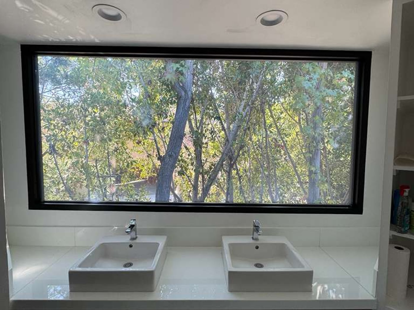 Smart film bathroom window switched clear with a leafy view, a real Pasadena install